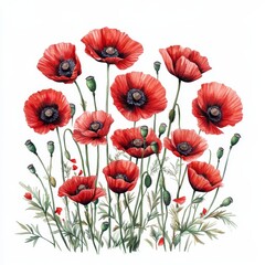 Fototapeta premium Fiery Wild Poppies Watercolor Art on White Background