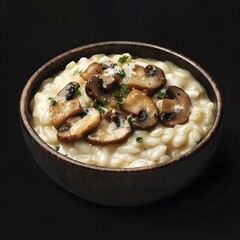 A bowl of creamy risotto topped with saut?ed mushrooms and herbs.