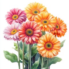 Beautiful Watercolor Gerbera Daisies in Vibrant Orange and Pink Tones on White Background, Photorealistic Floral Art