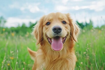 Obraz premium A dog running freely in a grassy meadow, its tongue out and tail wagging joyfully
