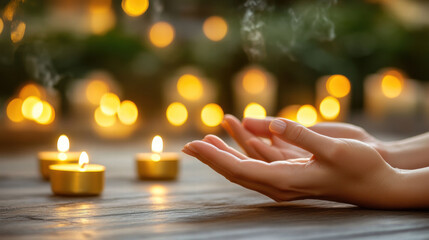 serene close up of hands in meditative mudra position, surrounded by glowing candles