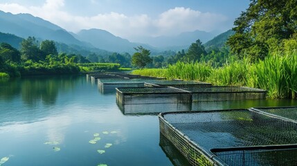 A tranquil river landscape with fish-raising cages, representing eco-friendly aquaculture, with plenty of space for text on the side