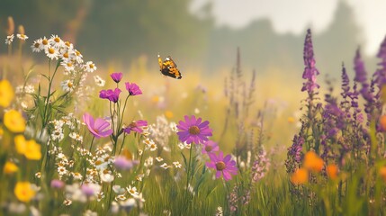 Vibrant flowers with a butterfly in a meadow.