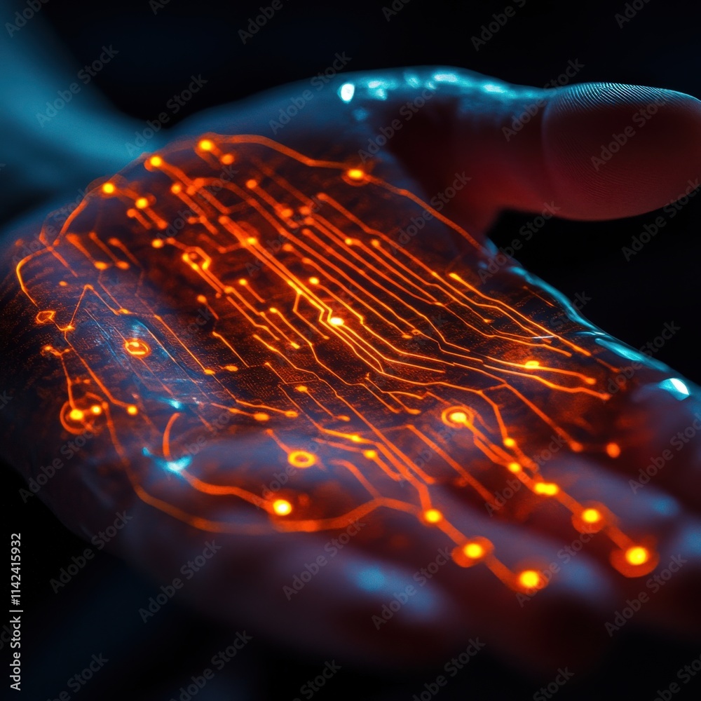 Wall mural hand with glowing circuit pattern