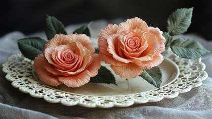 Vintage rose pattern embroidery: A traditional embroidered rose design with vintage style stitching on linen, with lace edges