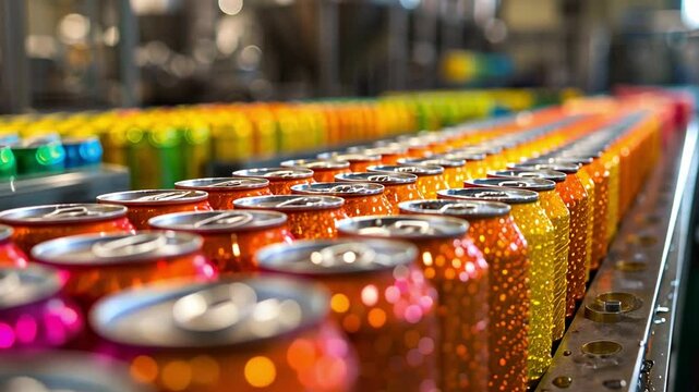 This Vibrant cans roll on a factory line, highlighting a range of beverages.