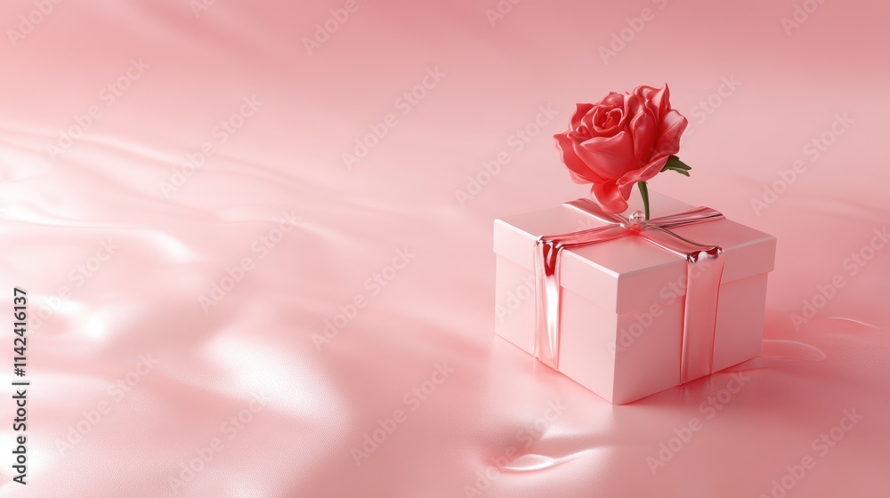 Poster a valentine day-inspired 3d design with a soft pink background, including a gift box and flower, ide