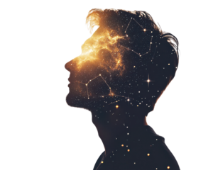 Silhouette of a person with a galaxy inside, symbolizing imagination and creativity.