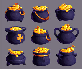 Leprechaun pots of gold game asset, vector UI, St Patricks Day irish holiday. Cartoon rainbow treasure cauldrons with golden clover leaves full of gold money lucky coins. Magic game leprechaun pots © Vector Tradition