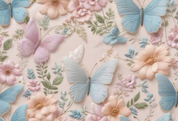 Soft pastel floral embroidery designs paired with delicate butterfly motifs in a seamless pattern, motifs, embroidery, pastel, delicate, seamless