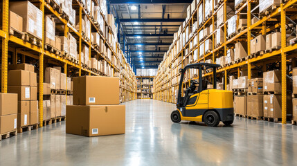 yellow forklift in spacious warehouse filled with stacked cardboard boxes, showcasing organized supply chain environment. bright lighting enhances efficient atmosphere