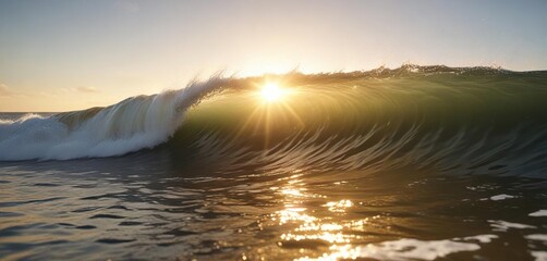 Soft warm golden rays of sunlight peeking through a wavy ocean wave, outdoors, , ocean waves