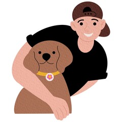 Boy hug dog. Young man hugging puppy with love, cozy relaxing friendship of man and pet, on white background, vector illustration