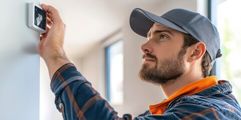 A technician adjusts a thermostat in a modern home, focusing on energy efficiency and temperature control. - Powered by Adobe