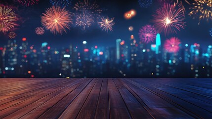 A wooden floor in the foreground with vibrant fireworks bursting above the city skyline, ideal for New Year Eve or holiday promotions, with room for text