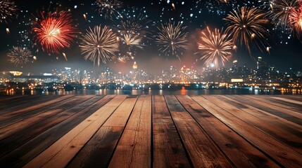 A wooden floor with fireworks exploding over the city at night, evoking a festive and joyful atmosphere, with room for text in the center