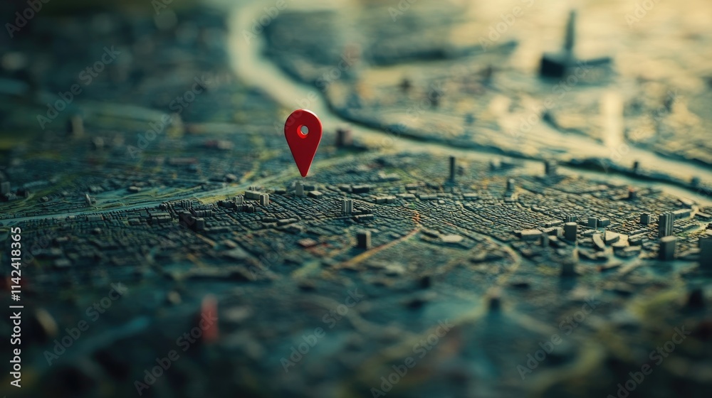 Poster A zoomed-in map with a red pin marking a location, featuring the roads and cities of an entire country, highlighting the importance of mapping and navigation.