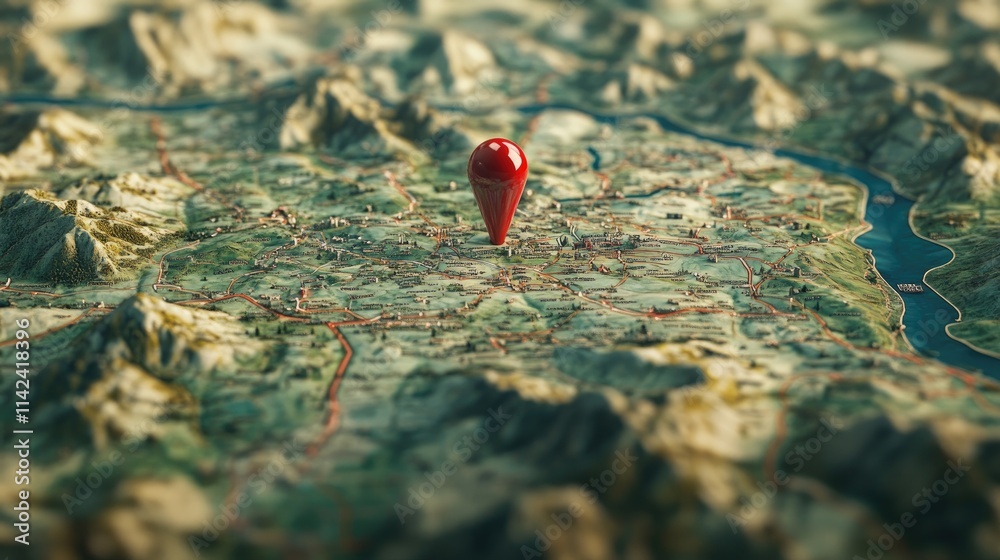 Poster A zoomed-in map with a red pin marking a location, featuring the roads and cities of an entire country, highlighting the importance of mapping and navigation.