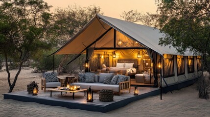 Obraz premium Cozy Desert Glamping Tent with Warm Lighting and Rustic Decor