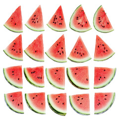 Juicy watermelon slices arranged in a grid pattern, showcasing their vibrant red flesh and green rind on white background , cut out.	