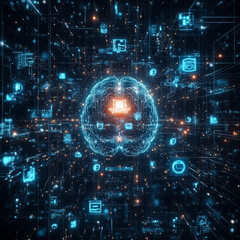 Fototapeta premium Digital representation of a brain surrounded by data streams and icons illustrating technology and connectivity