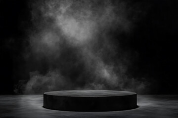 Photo scene features a dark black texture fog spotlight
  podium with a dramatic empty night room, a concrete wall, and a dark smoke product platform background.