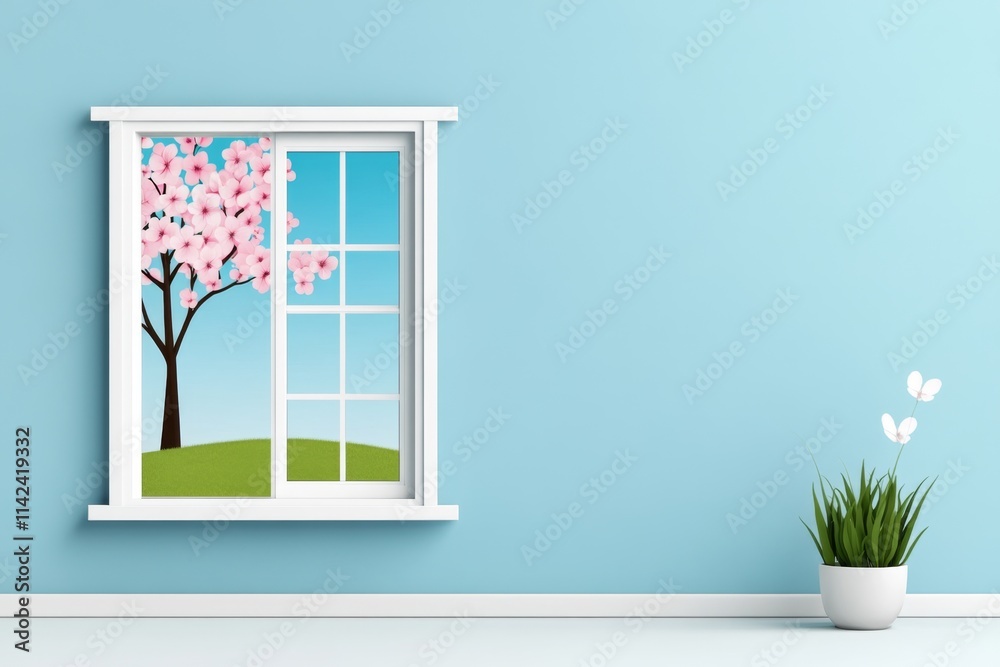 Poster a flat illustration of a rectangular window frame, with a simple outdoor landscape visible through i