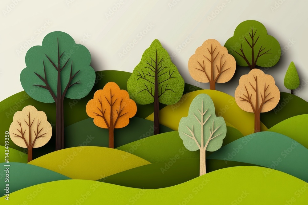 Aufkleber A flat design of overlapping tree shapes in varying shades of green and brown, representing the layers of a dense forest