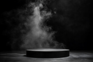 Photo scene features a dark black texture fog spotlight
  podium with a dramatic empty night room, a concrete wall, and a dark smoke product platform background.