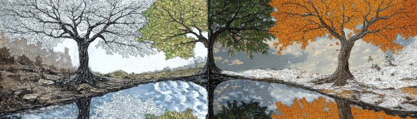 Fototapeta premium Quadruple Tree Seasons Reflection Oil on Canvas, Impasto Texture, Nature Cycle Concept, Tree, Seasons Keywords Landscape, Art