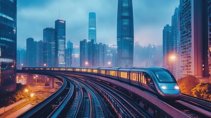 Fototapeta premium A high-speed train gliding along elevated tracks, with a futuristic city skyline in the background at dusk