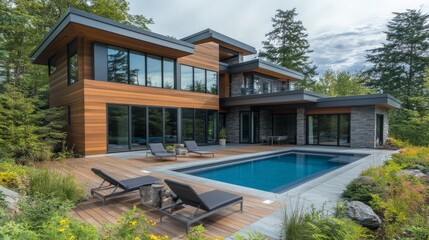 Fototapeta premium Modern Wood and Stone House with Pool Architectural Photography, Landscape Design, Exterior, Luxury Home Luxury Real Estate, Modern Architecture