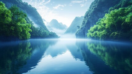 Misty Mountain Lake Reflection Serene Landscape, Digital Painting, Blue Green Palette Keywords Nature, Scenery