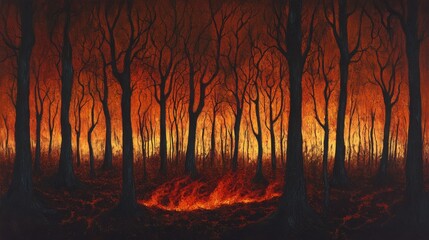 Infernal Forest Acrylic Painting of Burning Woods, Fire, Trees, Landscape, Nature, Forest Fire Forest Fire, Inferno
