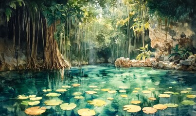 Watercolor Ik-Kil Cenote - Lovely cenote in Yucatan Peninsulla with transparent waters and hanging roots. Chichen Itza, Mexico