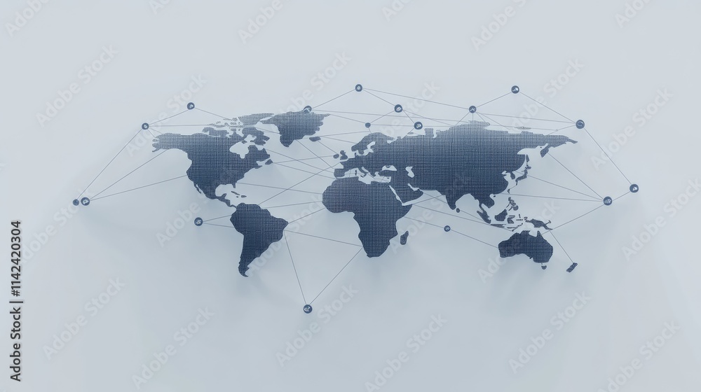 Poster world map with connected network nodes and data visualization elements