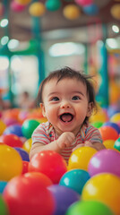 Obraz premium joyful baby playing in colorful balls, surrounded by vibrant colors