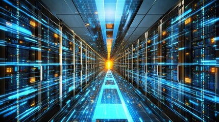Data Highway Server Room Digital Composition, Glowing Blue Lines, Futuristic Network Concept Data Center, Network Infrastructure