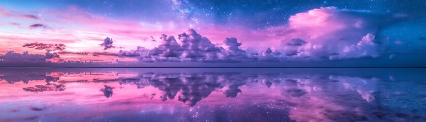Fototapeta premium Celestial Reflection Pink and Purple Sunset Cloudscape, Starry Night, Mirror Lake, Landscape Photography, Nature, Serenity Keywords Sky, Water