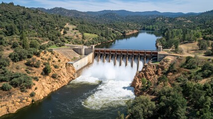 Aerial View of Dam Concrete Structure, Water Release, Mountainous Landscape, Hydropower, Reservoir Hydroelectric Dam, Aerial Photography