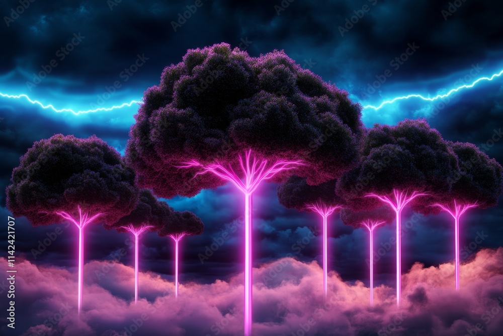 Poster a futuristic forest with glowing, bioengineered trees, their trunks pulsating with neon light, set i