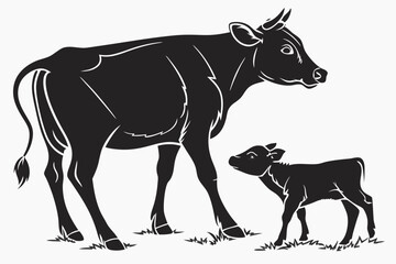 A young cow standing with a Calf  vector silhouette on a white background