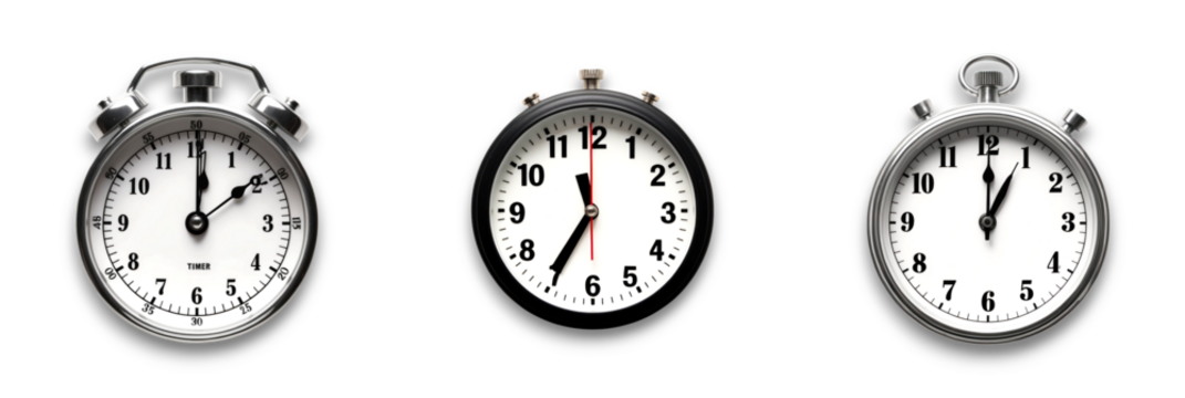 Isolated clocks on transparent background, representing various timekeeping styles