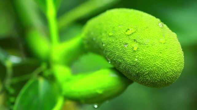 Texture and shape of young green breadfruit with water droplets. Artocarpus altilis. India