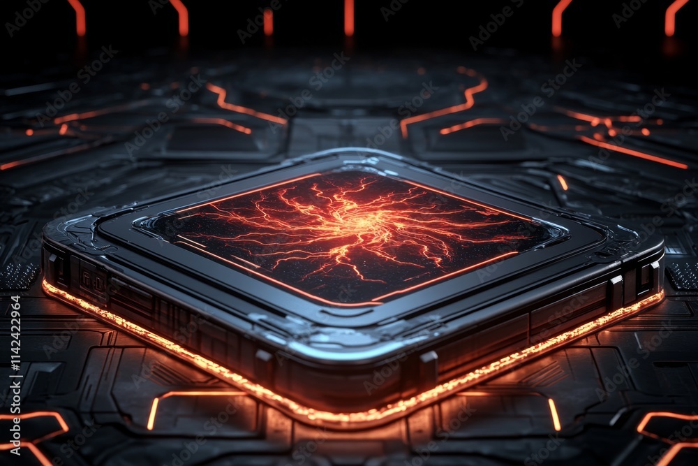 Poster a glowing futuristic holographic frame displaying digital artwork, set against a high-tech backgroun