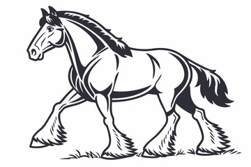 Clydesdale Horse, A draft horse with feathered hooves, representing strength vector silhouette on a white background