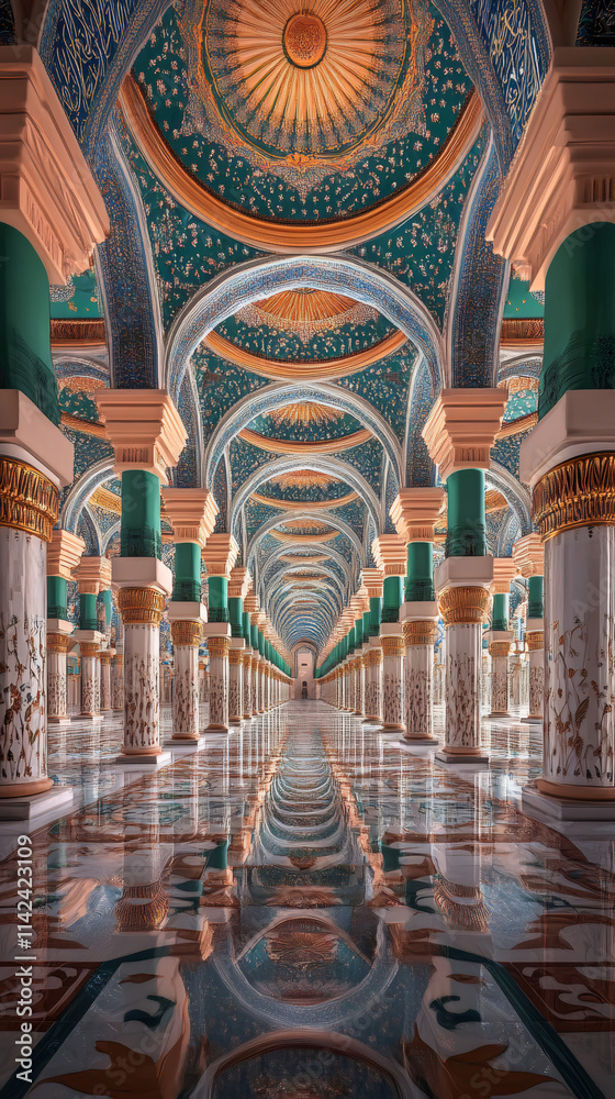 Poster ornate columns and arches cast a captivating perspective, shimmering on the polished floor of a mosq