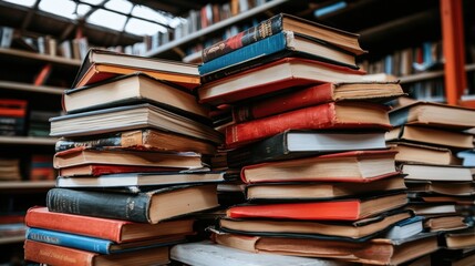 Stacked Books in a Cozy Library Interior with Bookshelves