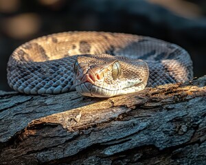 Obraz premium Viper Basking on a Log Under Soft Light