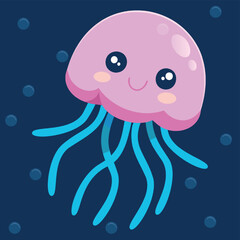Funny smiling jellyfish isolated. Cute underwater pink animal with eight tentacles. Childish character. Cute baby jellyfish flat cartoon vector. Deep sea jellyfish mascot.